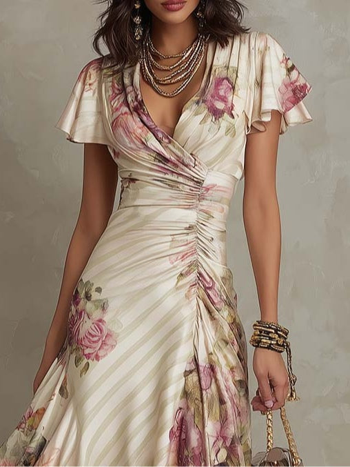 Alba | Vestido midi de satén floral elegante estilo retro