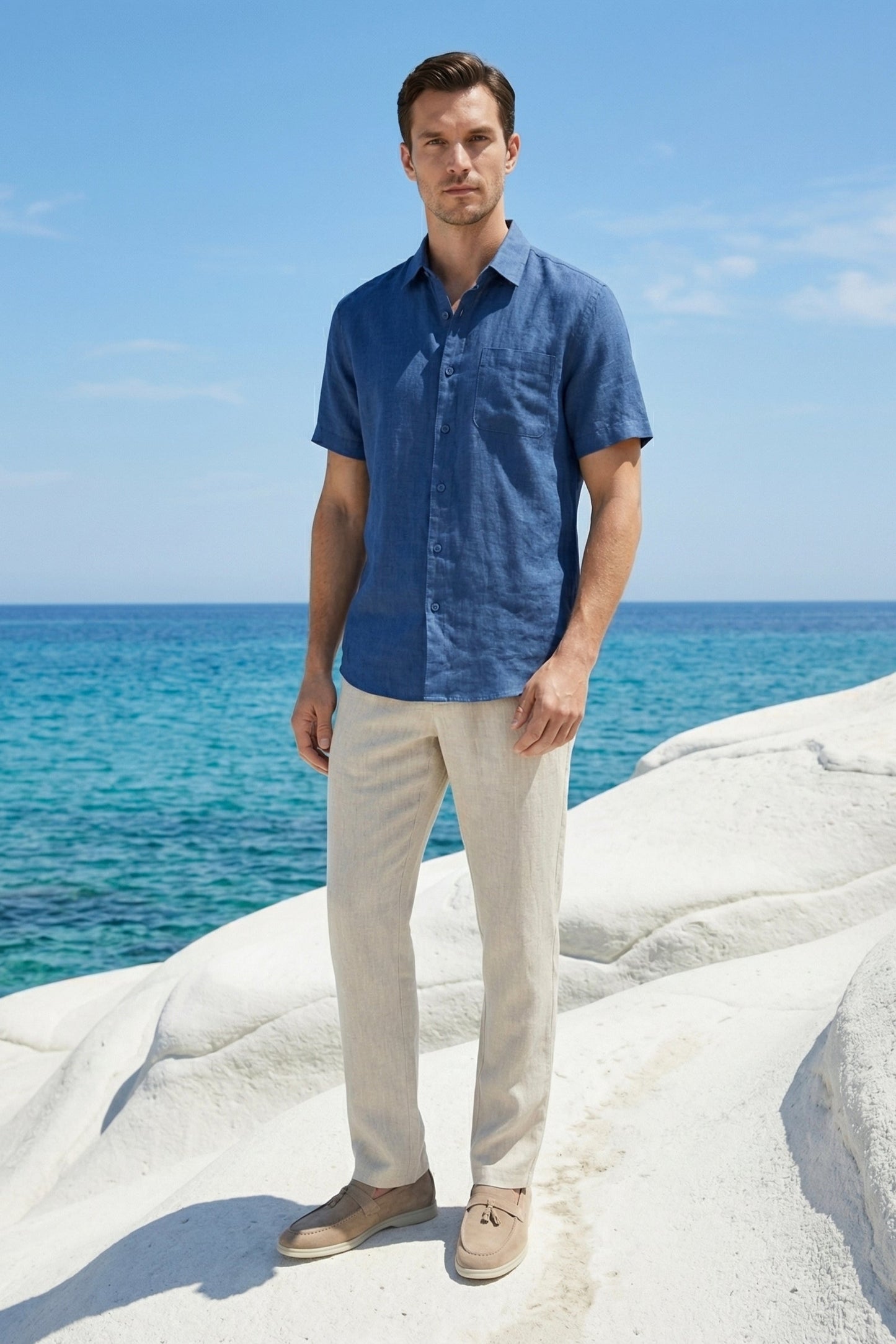 Trento de Luna Bellucci, conjunto de lino para hombre en azul/beige