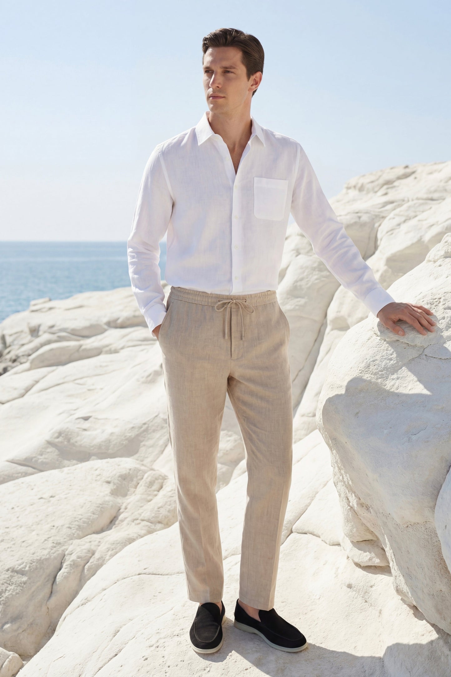 Pisa de Luna Bellucci, conjunto de lino de manga larga para hombre en blanco/beige
