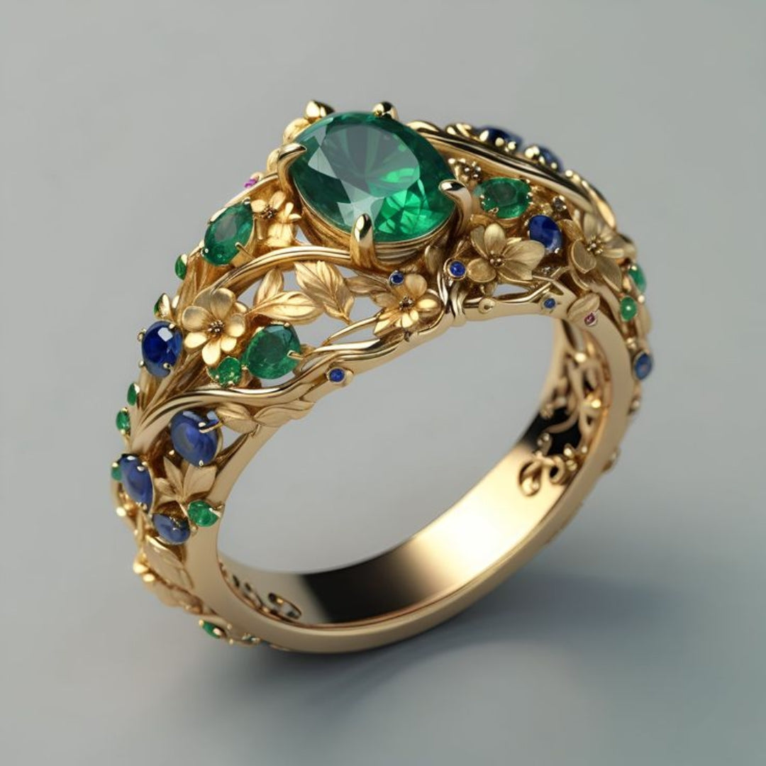 Anillo de lujo con esmeralda y zafiro