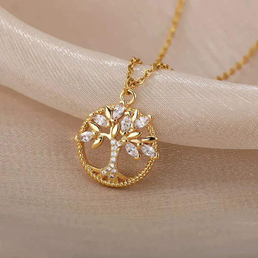 Collar árbol de la vida de oro con circonita