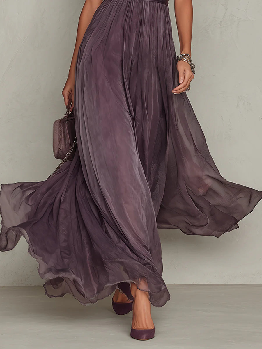Flavia - Vestido largo violeta con escote de lágrima y borde de encaje de chiffon