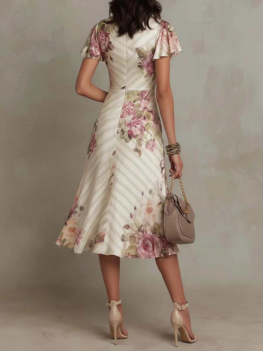 Alba | Vestido midi de satén floral elegante estilo retro