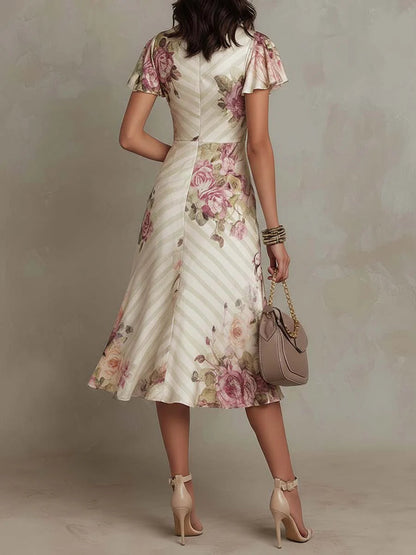 Alba | Vestido midi de satén floral elegante estilo retro