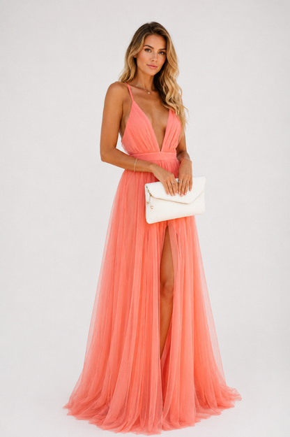 Vestido largo Alina de noche en color coral
