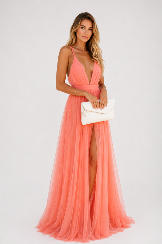 Vestido largo Alina de noche en color coral