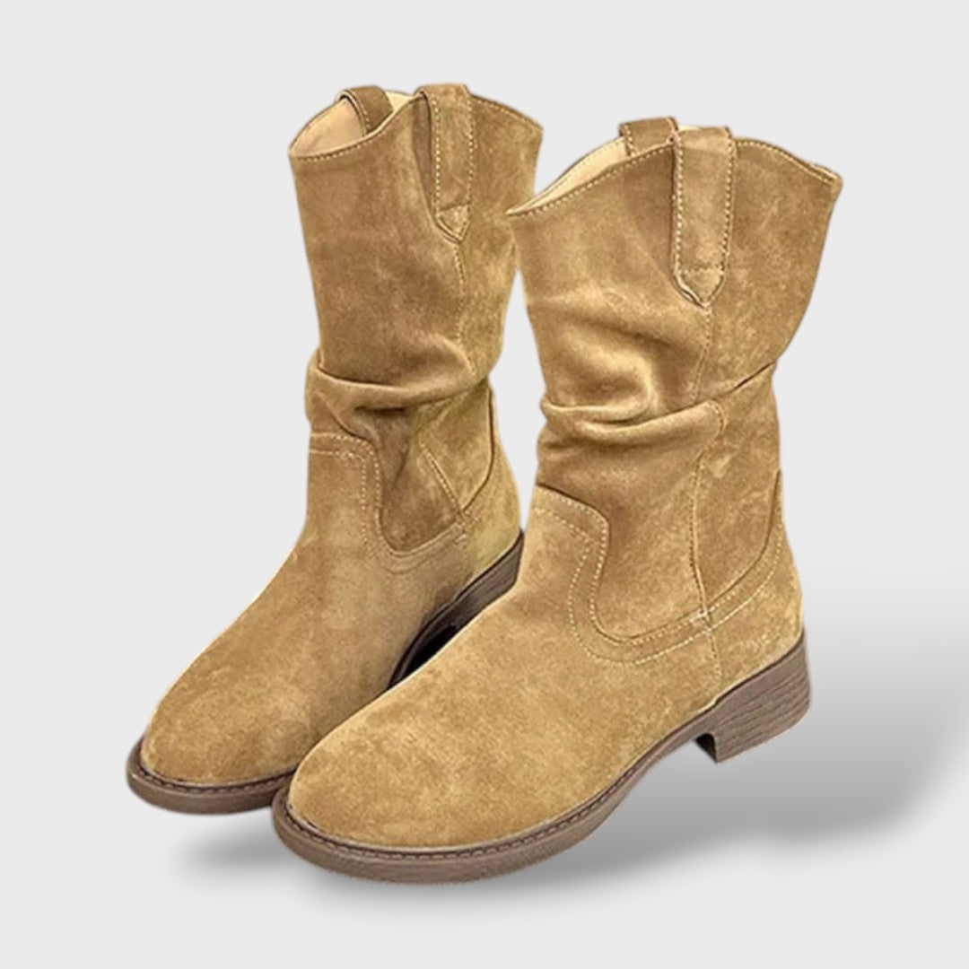 Botas de Media Caña de Antelina con Tacón Grueso Estilo Cowboy