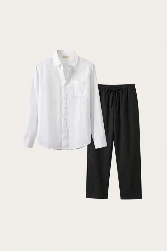 Pisa de Luna Bellucci, conjunto de lino de manga larga para hombre en blanco/negro