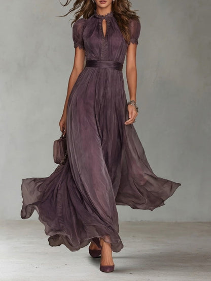 Flavia ™ Vestido largo violeta con escote de lágrima y borde de encaje de chiffon