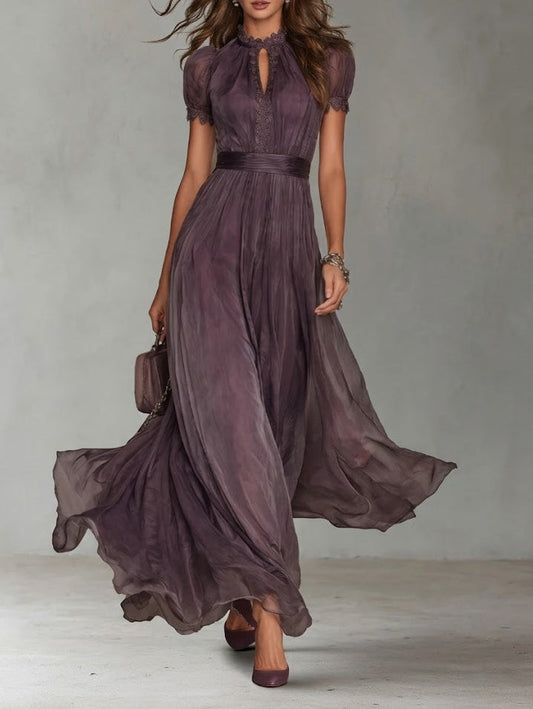 Flavia - Vestido largo violeta con escote de lágrima y borde de encaje de chiffon
