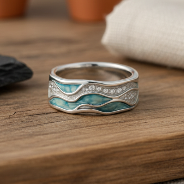 Anillo de plata olas turquesa
