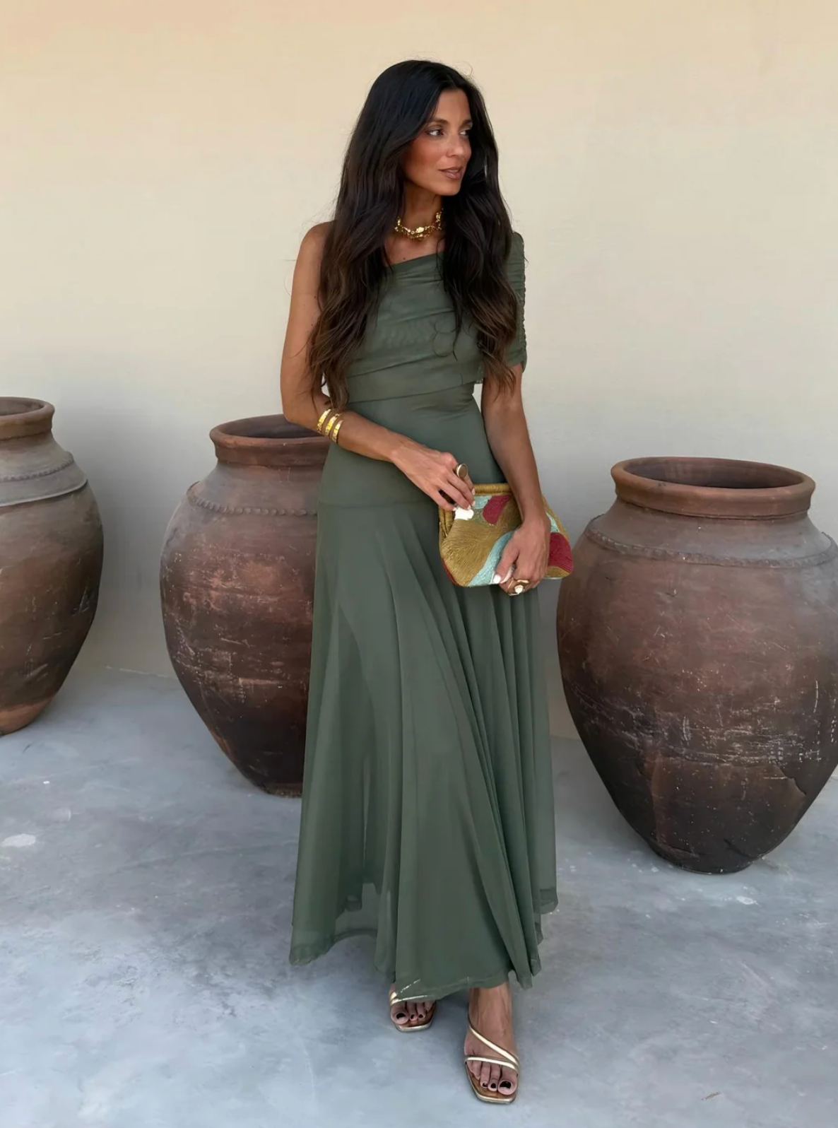 Vestido Largo Chiffon Hombros Caídos