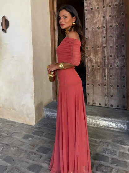 Vestido Largo Chiffon Hombros Caídos