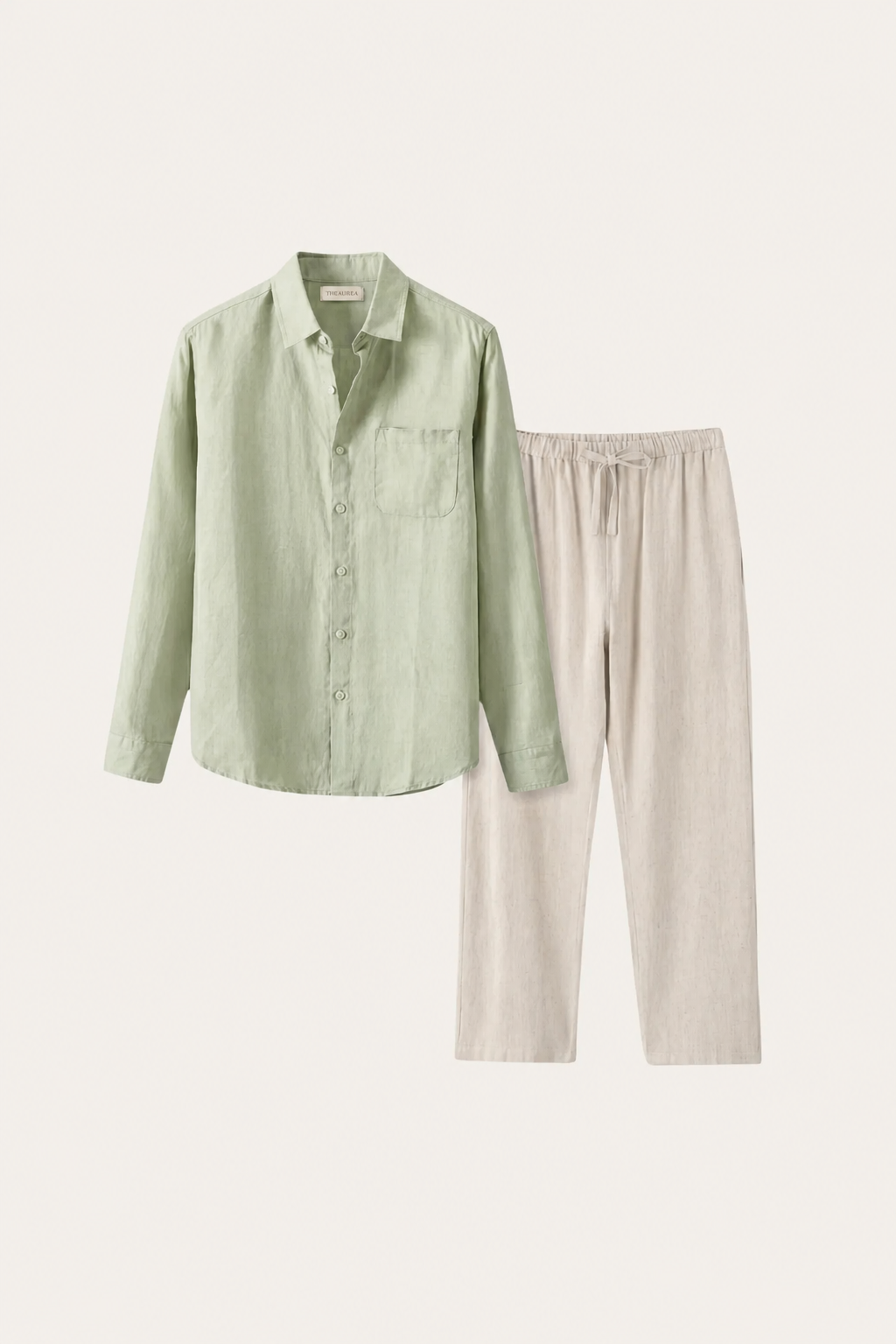 Pisa de Luna Bellucci, conjunto de lino de manga larga para hombre en verde menta/beige