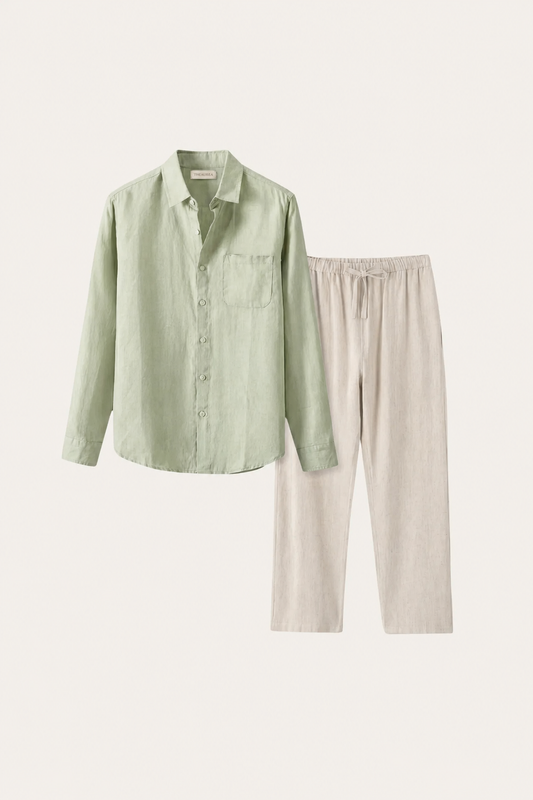 Pisa de Luna Bellucci, conjunto de lino de manga larga para hombre en verde menta/beige