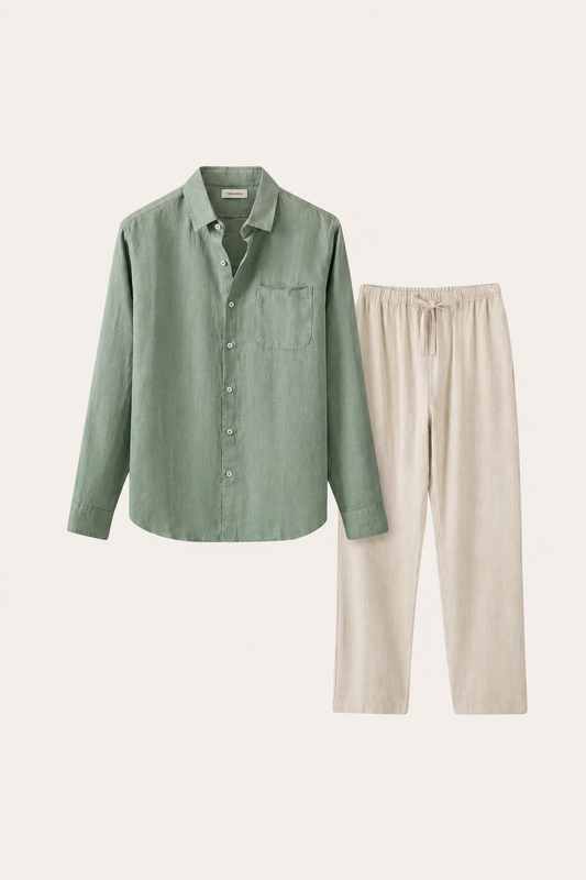 Pisa de Luna Bellucci, conjunto de lino de manga larga para hombre en verde/beige