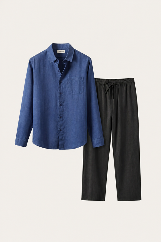 Pisa de Luna Bellucci, conjunto de lino de manga larga para hombre en azul/negro