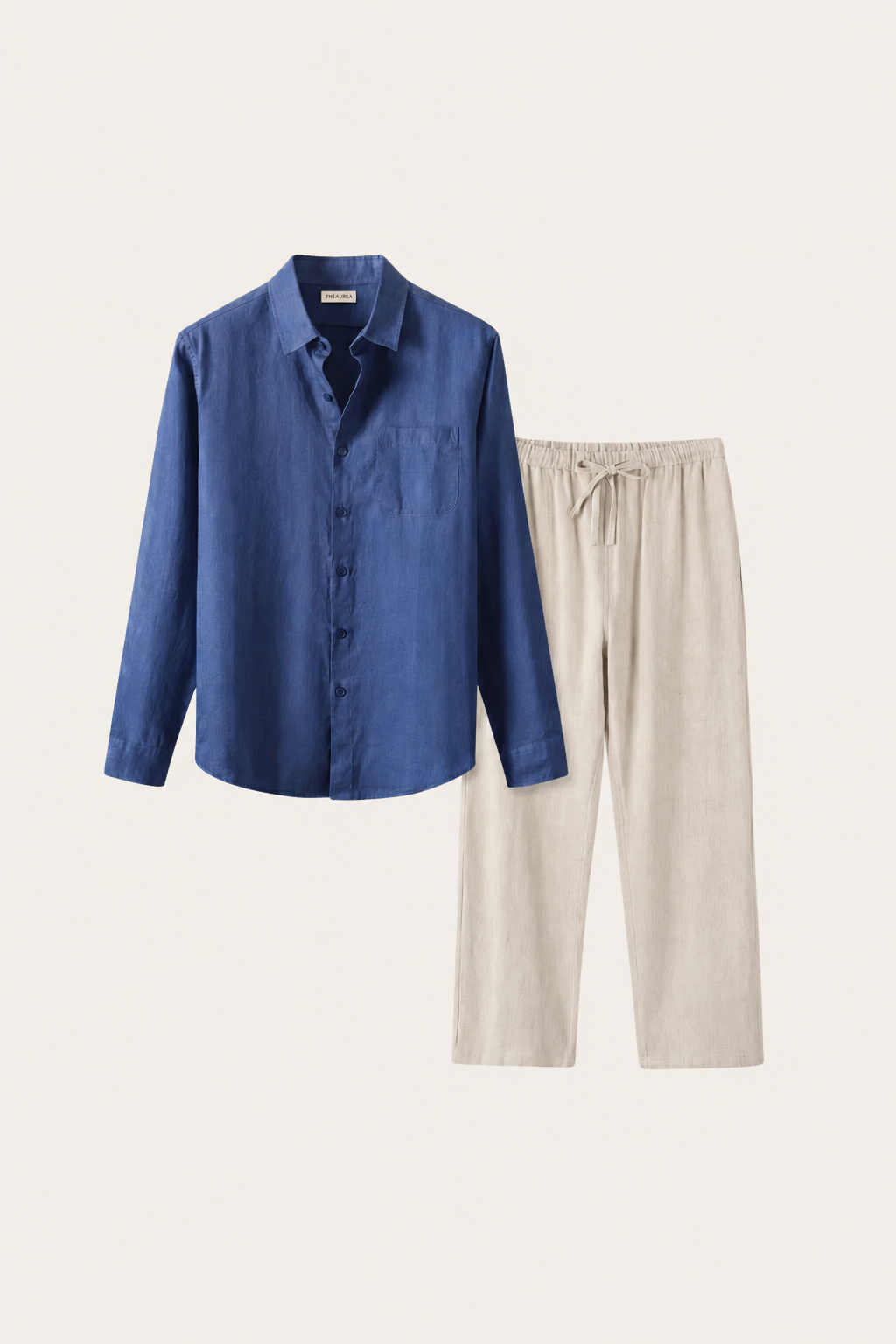 Pisa de Luna Bellucci, conjunto de lino de manga larga para hombre en azul/beige