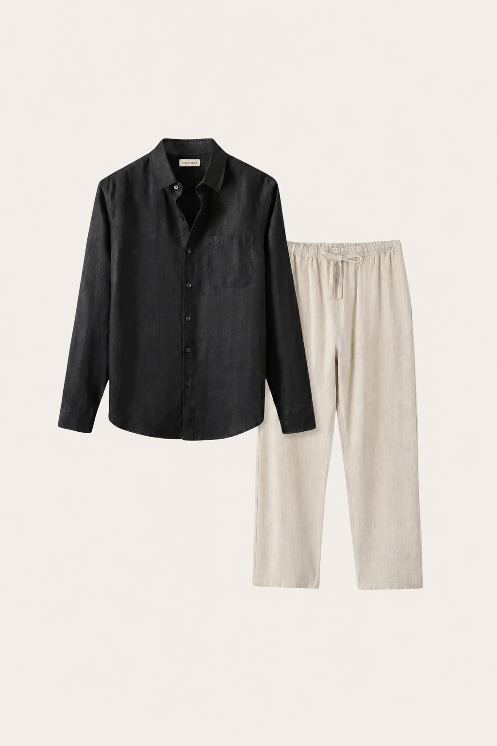 Pisa de Luna Bellucci, conjunto de lino de manga larga para hombre en negro/beige