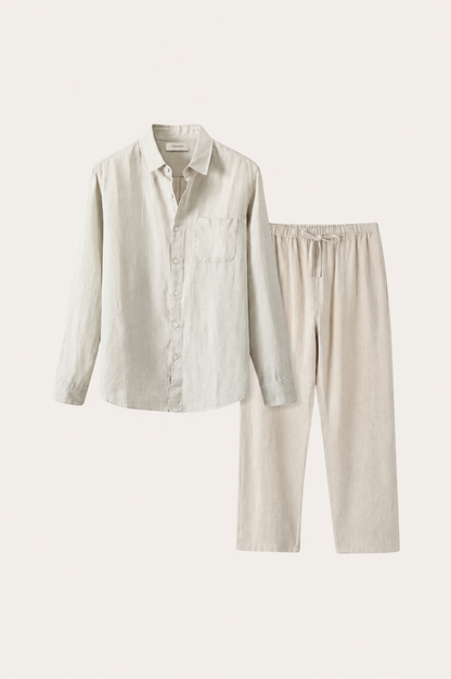 Pisa de Luna Bellucci, conjunto de lino de manga larga para hombre en beige/beige