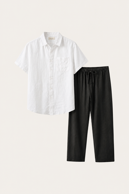 Trento de Luna Bellucci, conjunto de lino para hombre en blanco/negro