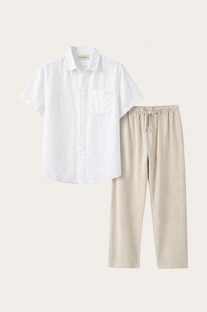 Trento de Luna Bellucci, conjunto de lino para hombre en blanco/beige