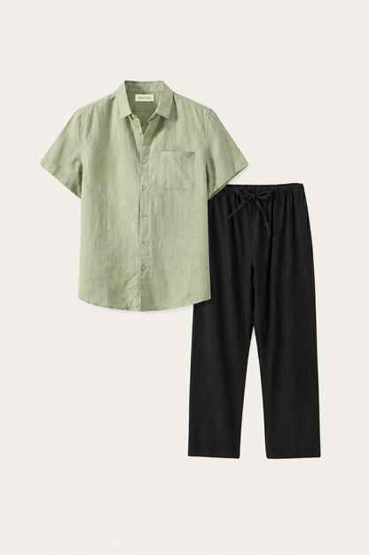 Trento de Luna Bellucci, conjunto de lino para hombre en verde menta/negro