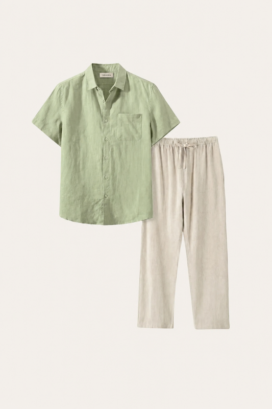 Trento de Luna Bellucci, conjunto de lino para hombre en verde menta/beige