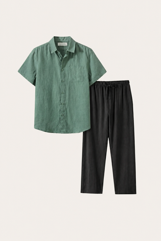 Trento de Luna Bellucci, conjunto de lino para hombre en verde/negro