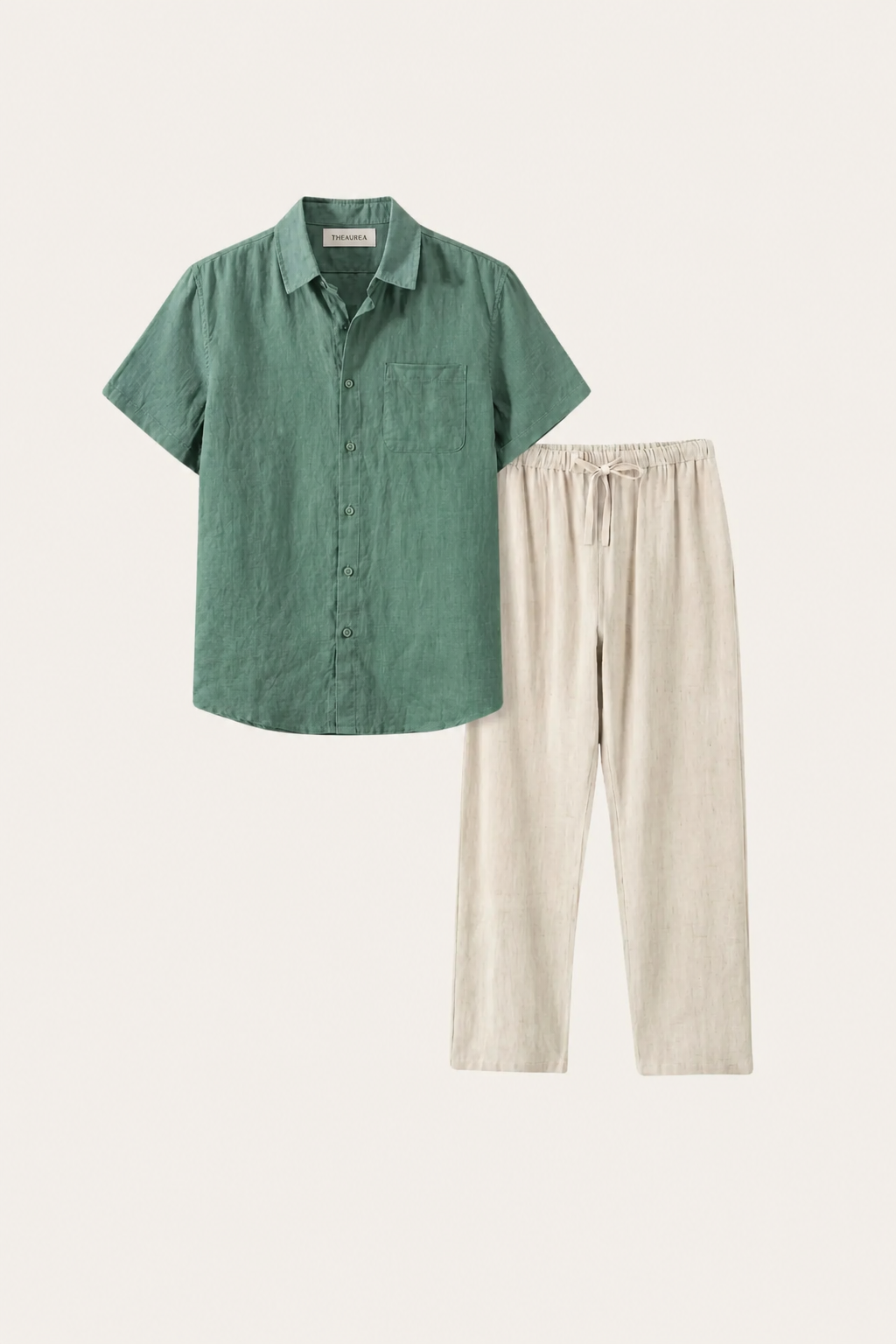 Trento de Luna Bellucci, conjunto de lino para hombre en verde/beige