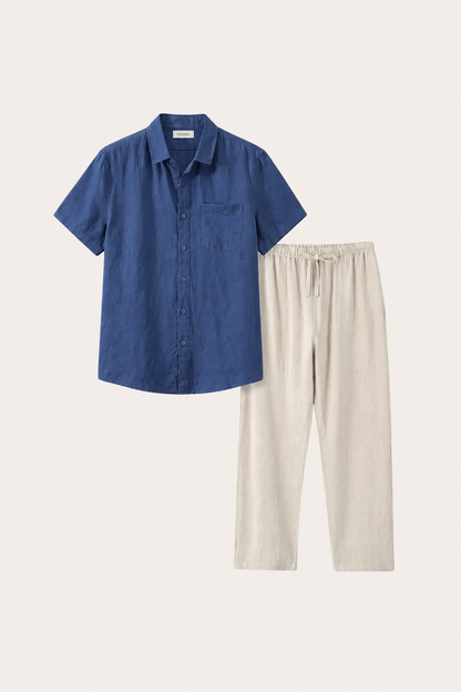 Trento de Luna Bellucci, conjunto de lino para hombre en azul/beige