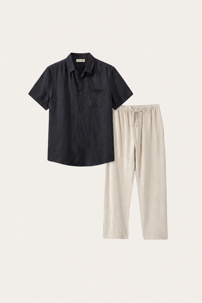 Trento de Luna Bellucci, conjunto de lino para hombre en negro/beige