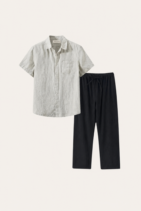Trento de Luna Bellucci, conjunto de lino para hombre en beige/negro