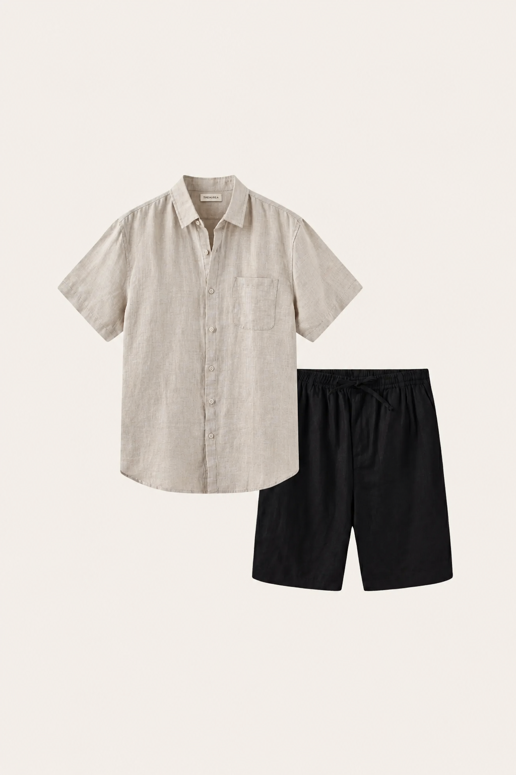 Verona de Luna Bellucci, camisa de lino y pantalón corto para hombre en beige/negro
