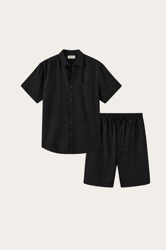 Verona de Luna Bellucci, camisa de lino y pantalón corto para hombre en negro