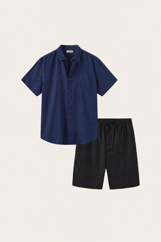 Verona de Luna Bellucci, camisa de lino y pantalón corto para hombre en azul marino/negro