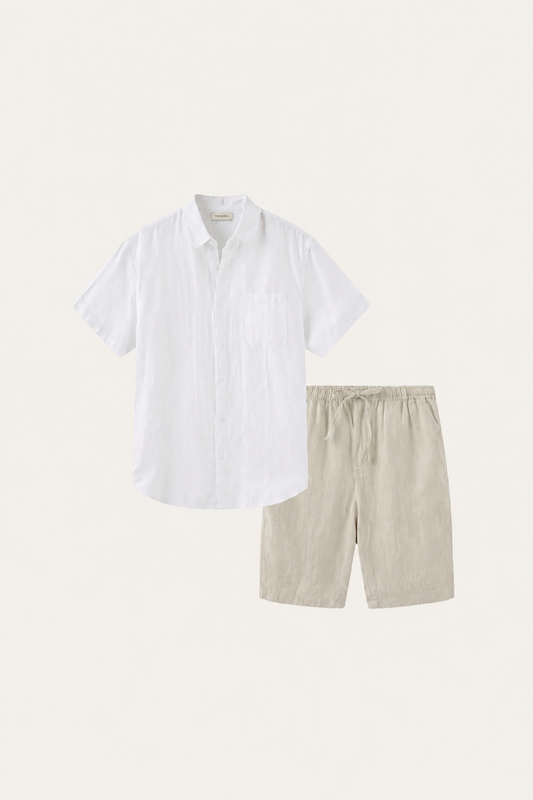 Verona de Luna Bellucci, camisa de lino y pantalón corto para hombre en blanco/beige