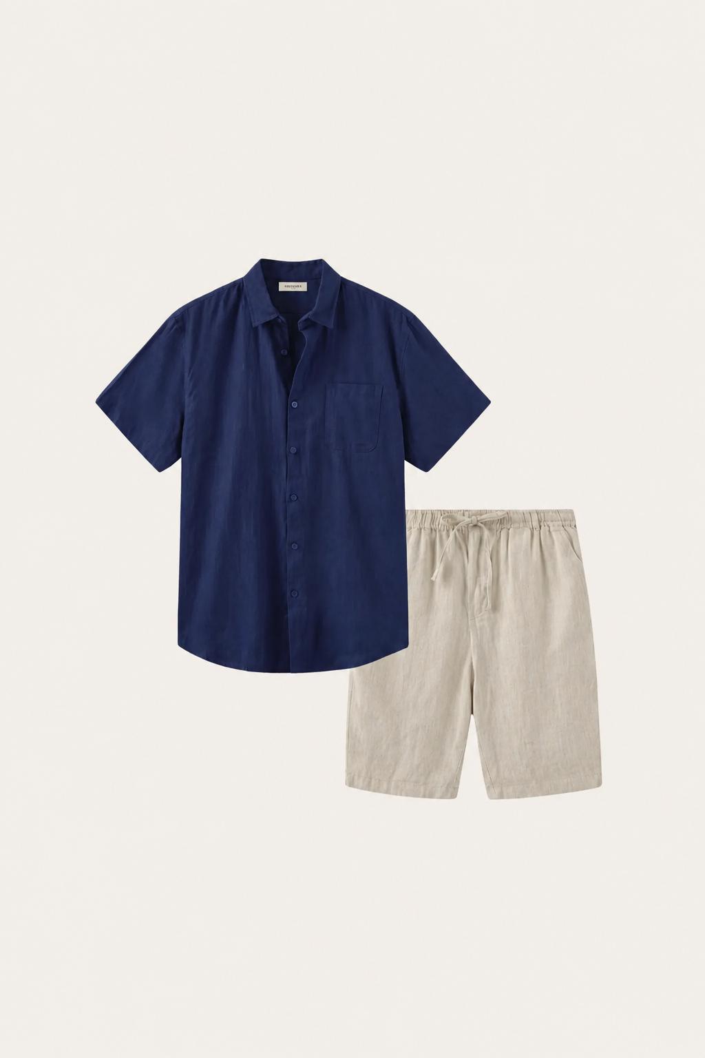 Verona de Luna Bellucci, camisa de lino y pantalón corto para hombre en azul marino/beige