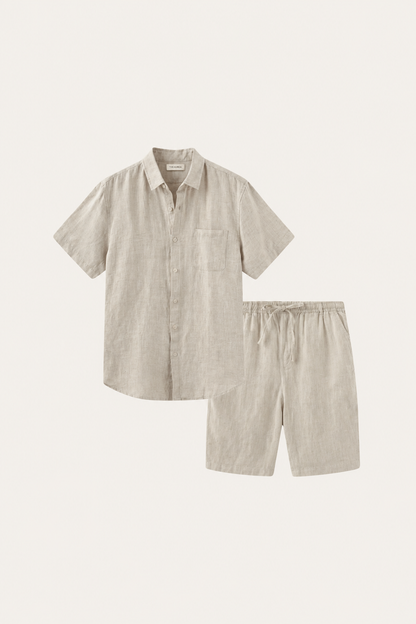 Verona de Luna Bellucci, camisa de lino y pantalón corto para hombre en beige