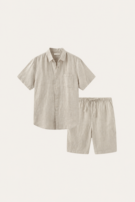 Verona de Luna Bellucci, camisa de lino y pantalón corto para hombre en beige