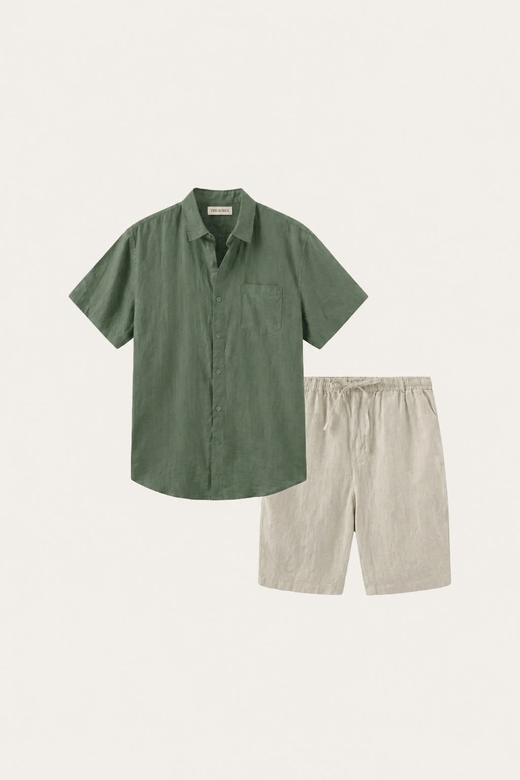Verona de Luna Bellucci, camisa de lino y pantalón corto para hombre en verde/beige