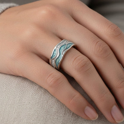 Anillo de plata olas turquesa