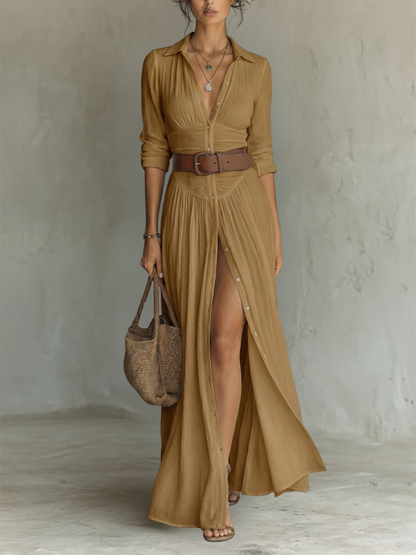 Vestido maxi - largo para mujer con cuello de solapa y mangas largas de lino