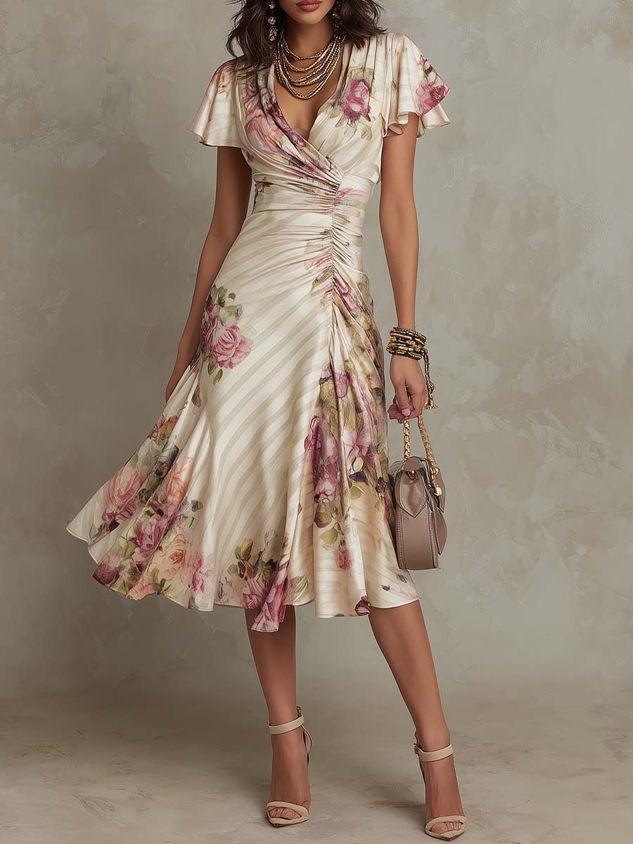 Alba | Vestido midi de satén floral elegante estilo retro