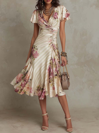 Alba | Vestido midi de satén floral elegante estilo retro