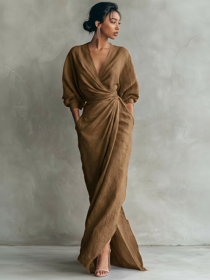 Vestido Maxi Minimalista Rosa con escote en V de lino mezclado para Mujer