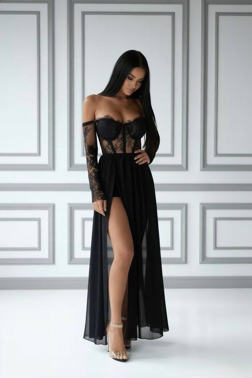 Chloe - Black Lace Corset Maxi Dress