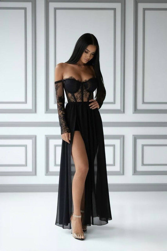 Chloe - Black Lace Corset Maxi Dress