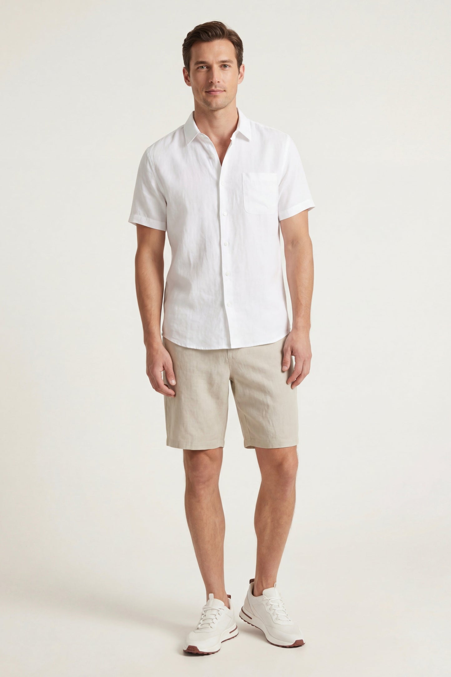 Verona de Luna Bellucci, camisa de lino y pantalón corto para hombre en blanco/beige