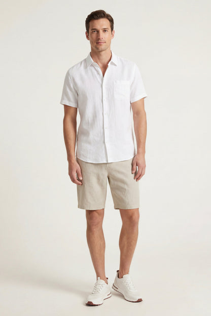 Verona de Luna Bellucci, camisa de lino y pantalón corto para hombre en blanco/beige